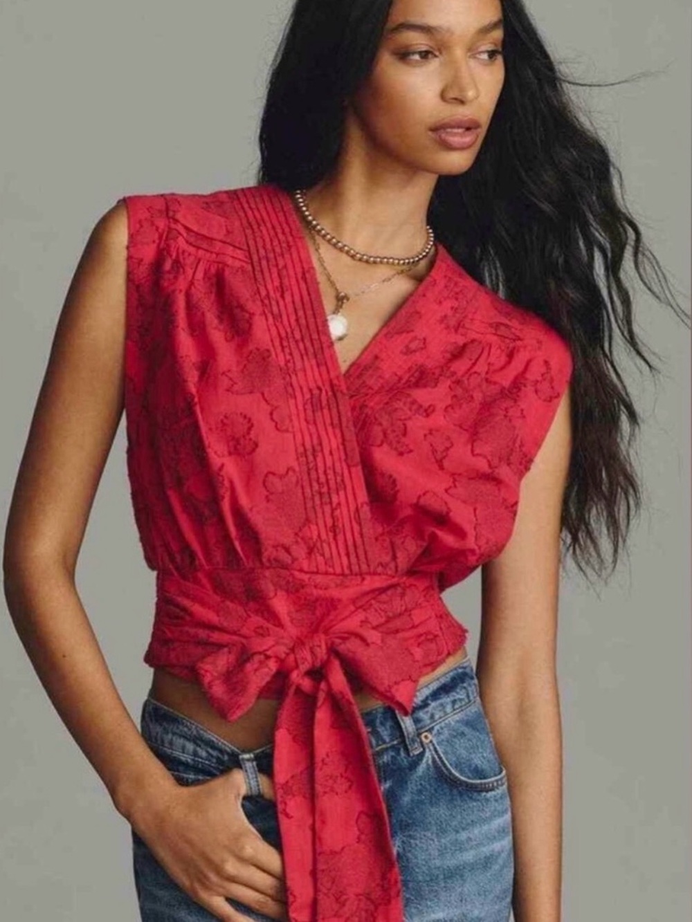 Anthropologie Red Floral Tie-Front V-Neck Camisole
